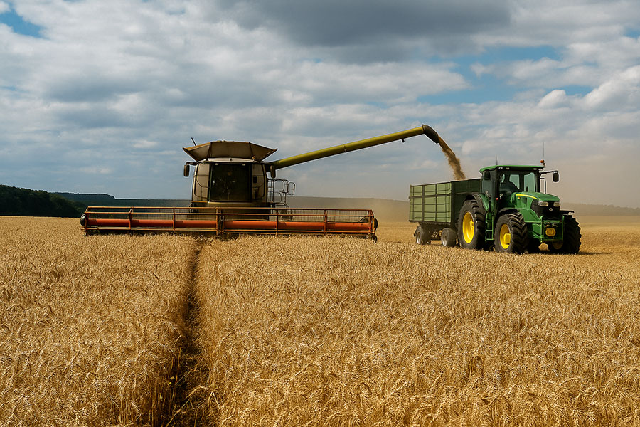 Ernte Mähdrescher und Traktor bei der Ernte