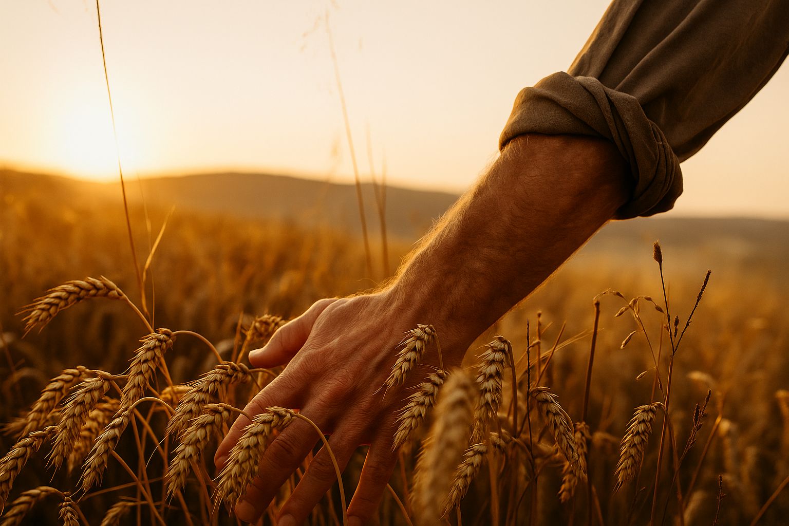 Feld Hand Eine Hand streift durch ein Weizenfeld